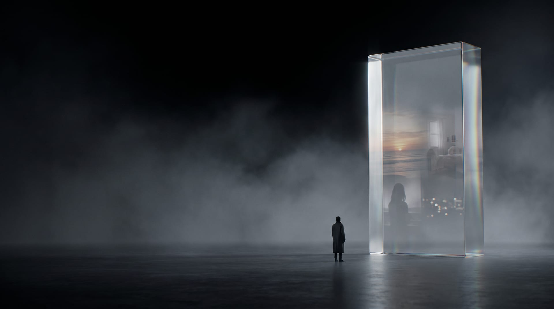 A solitary figure before a translucent glass monolith holding fragments of memory.